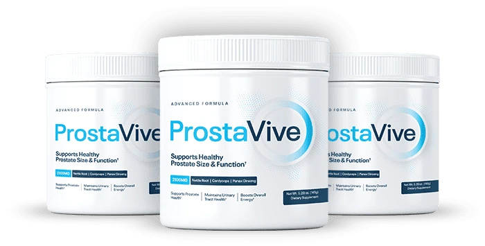Three ProstaVive supplement jars shown in site footer